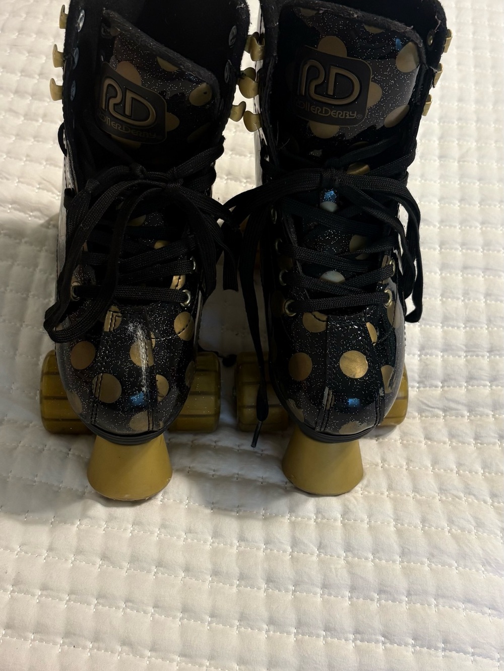 Riedel Black Roller Skates with Gold Polka Dots